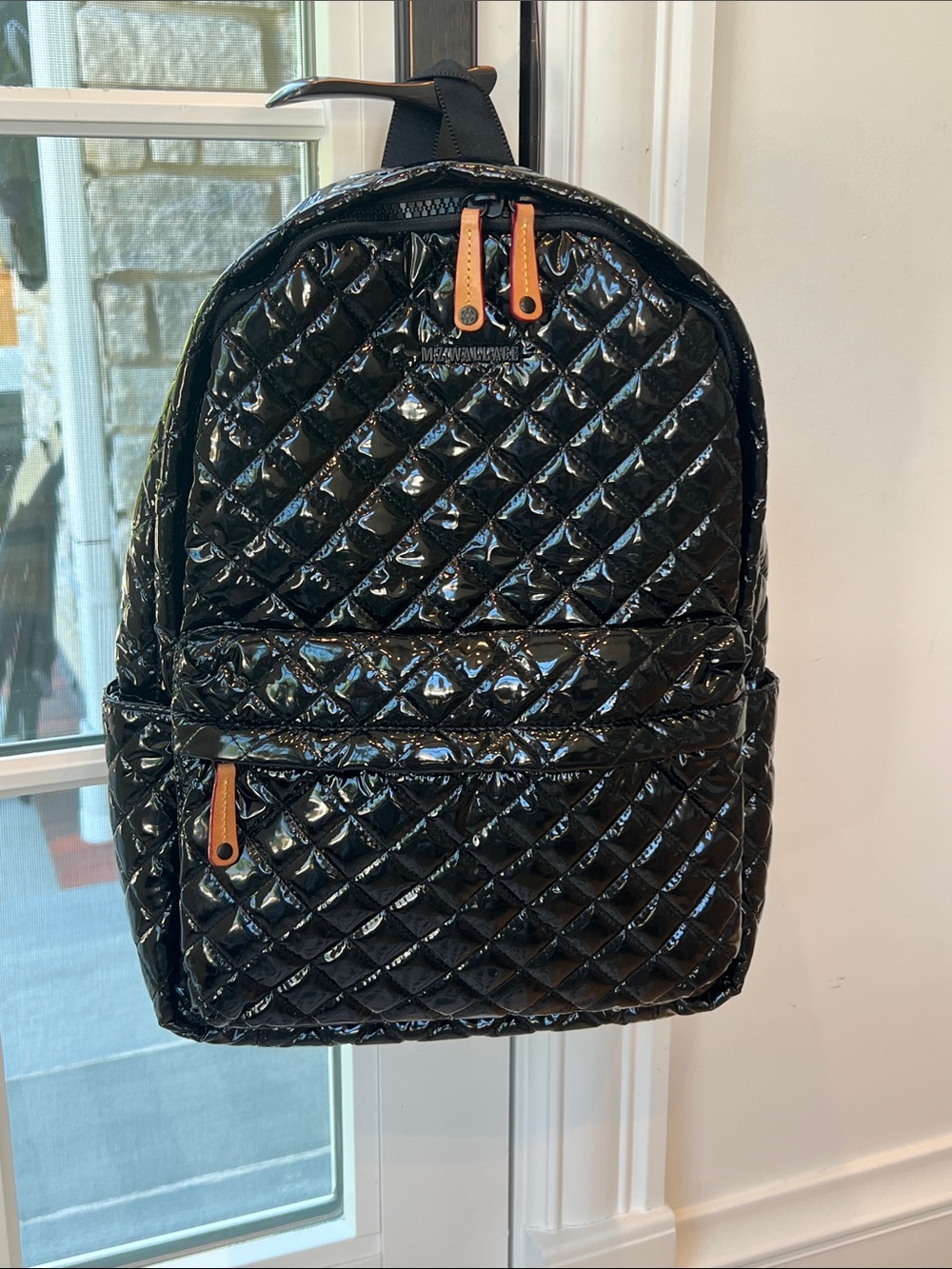 MZ Wallace Quilted Patent Black Backpack with Tan Zipper Pulls